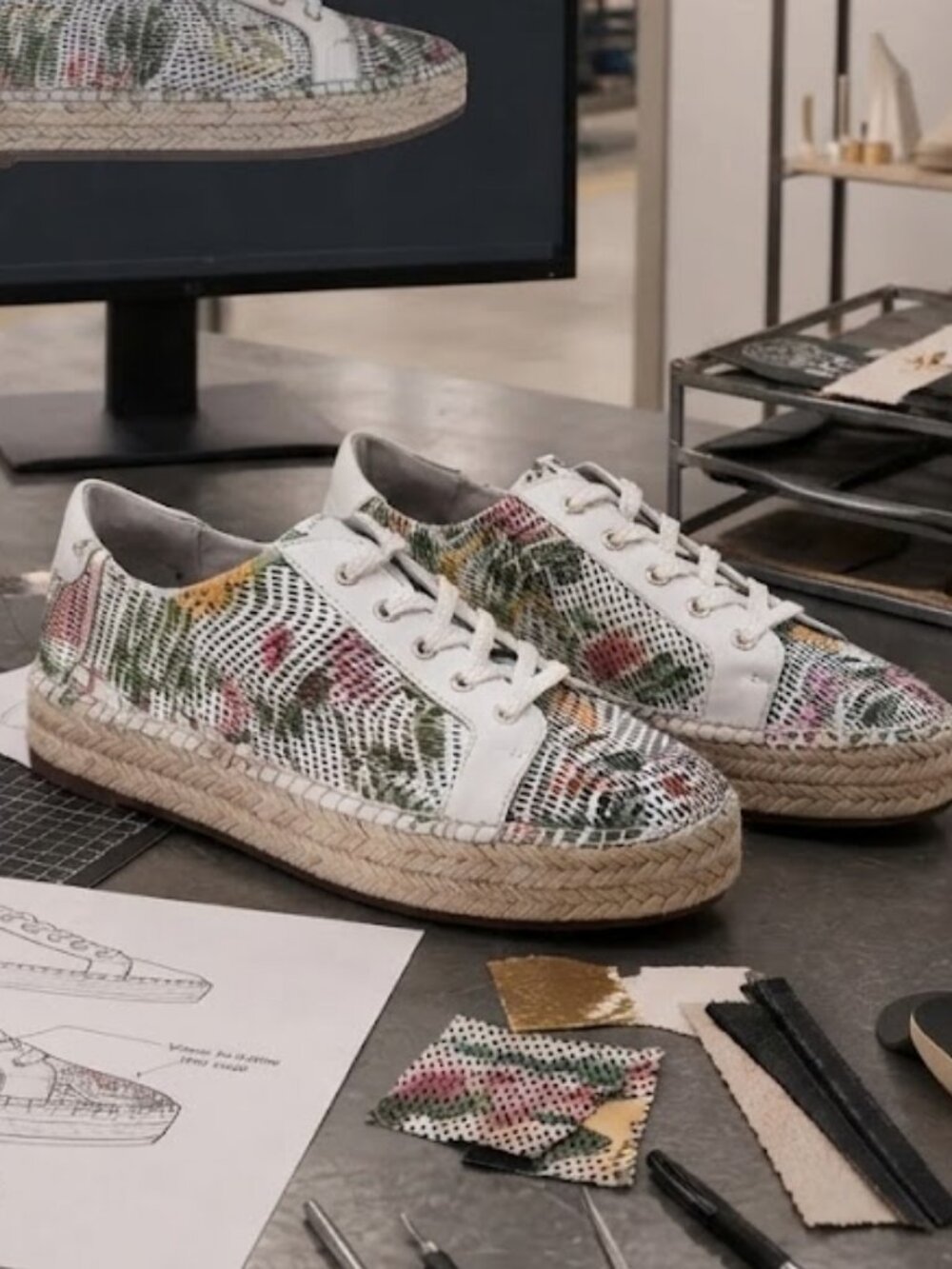 Vince Camuto Perforated Leather Floral Women's Chic Espadrille Sneakers 8.5